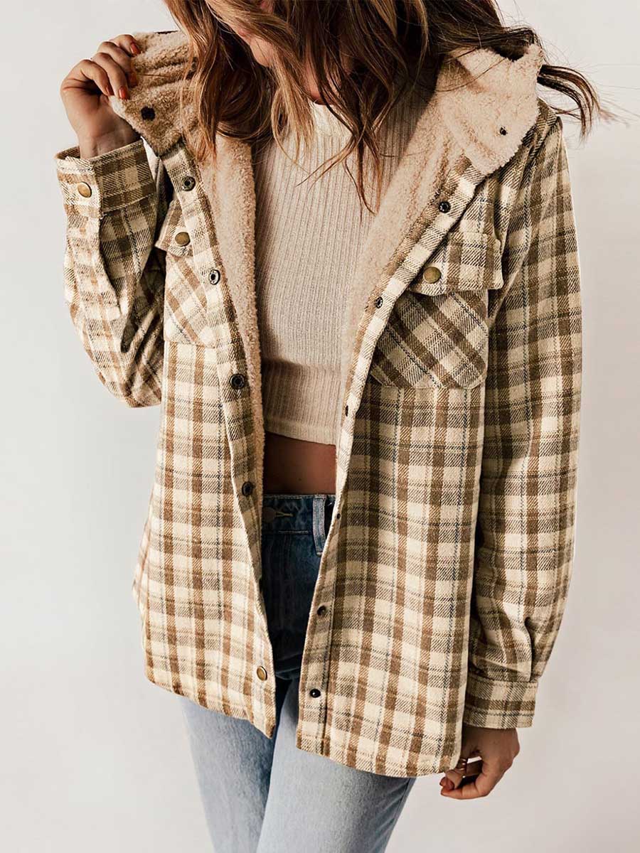 Stunncal Plaid Long Sleeve Shirt Hooded Thickened Jacket