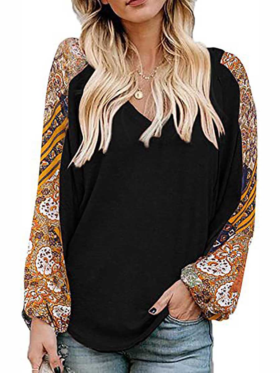 Stunncal V-Neck Printed Bubble Sleeve Long Sleeve T-Shirt