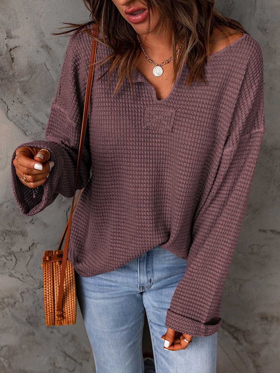 Stunncal Waffle Knit Long Sleeve V-Neck Sweater