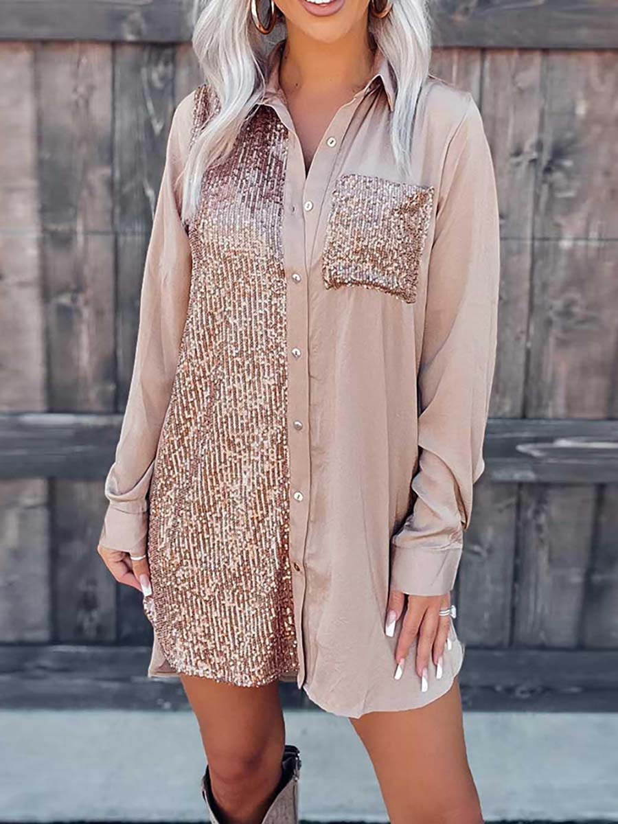 Stunncal Satin Sequin Button Down Shirt Dress