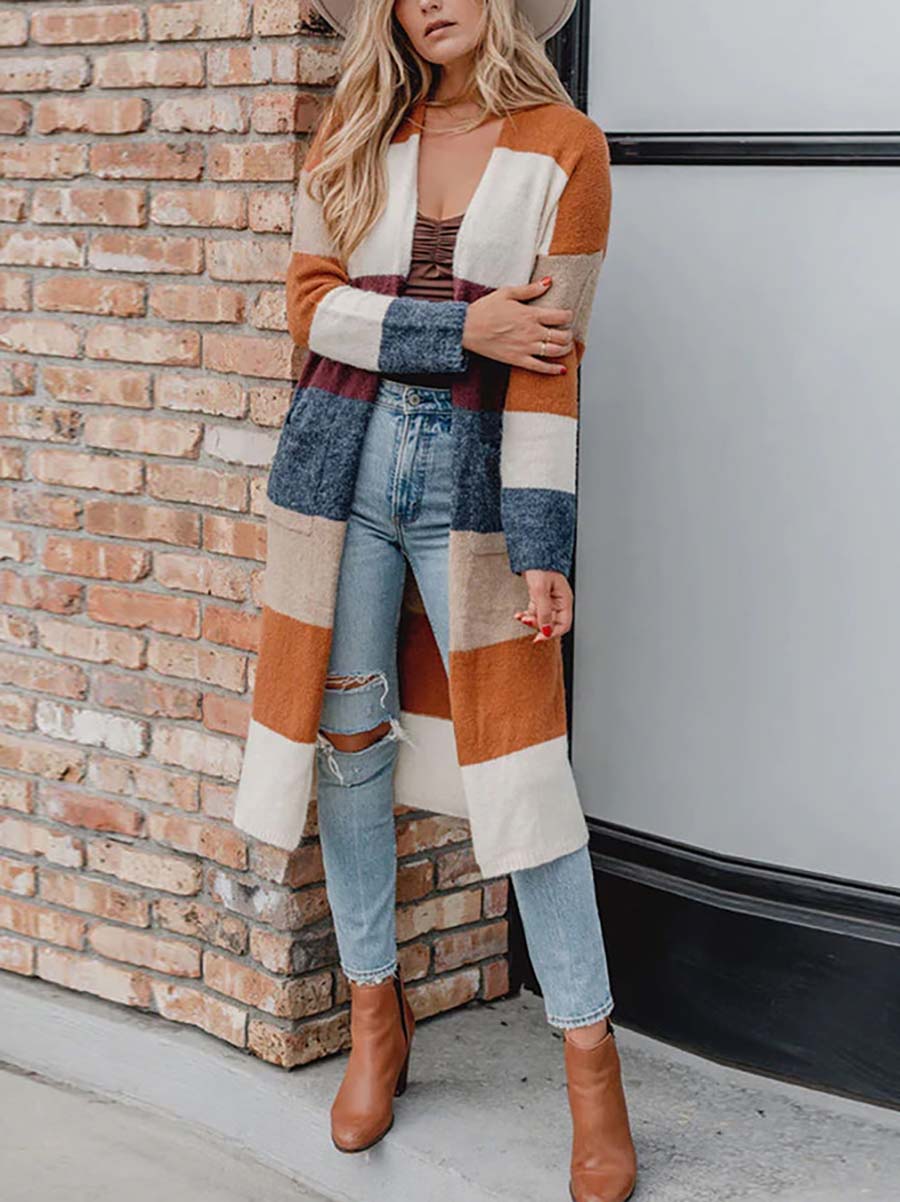 Stunncal Multicolor Knitted Color Block Open Front Long Cardigan