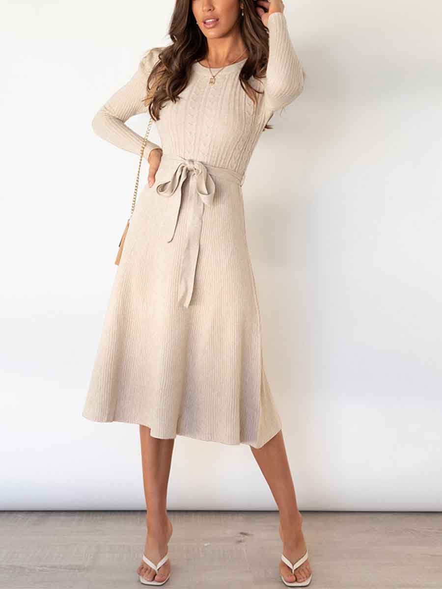Stunncal Bubble Sleeve Belt Knit Dress (5 colors)