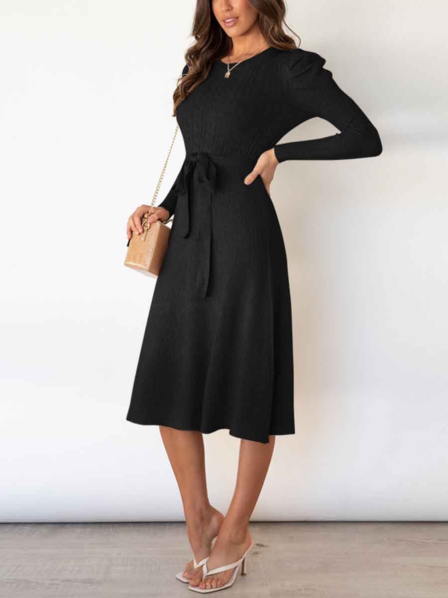 Stunncal Bubble Sleeve Belt Knit Dress (5 colors)