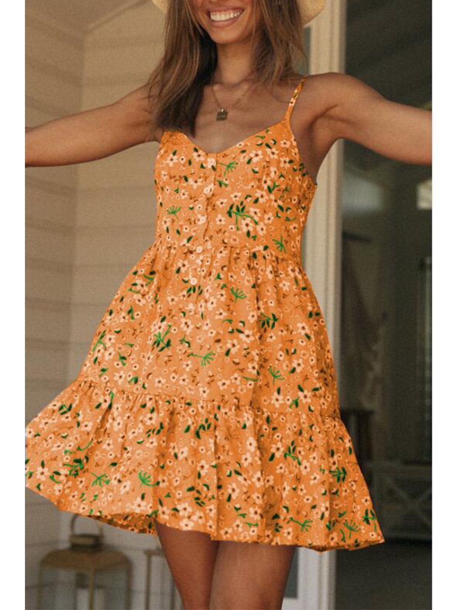 V-neck Straps Ruffle Print Mini Dress