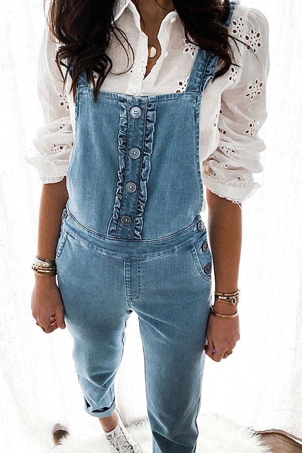 Stunncal Sassy Sweetheart Ruffle Button Down Denim Overalls