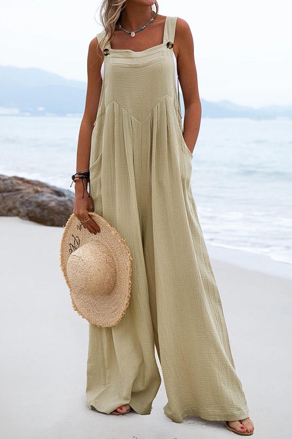 Stunncal Ethnic Button Suspender Wide Leg Line Jumpsuit