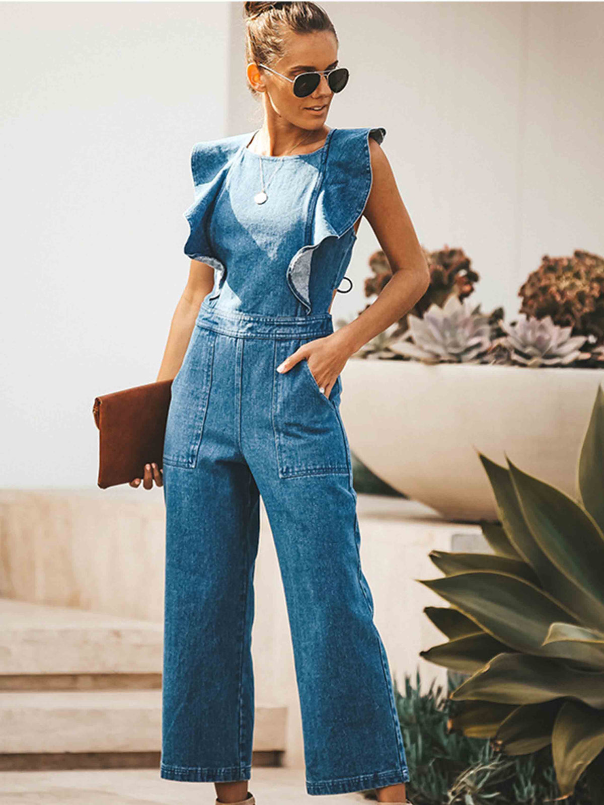 Stunncal O Neck Flouncing Denim Jumpsuit