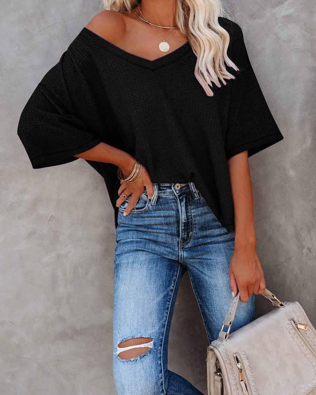 Melarey V-Neck Dolman Sleeve Top - Melarey Boutique