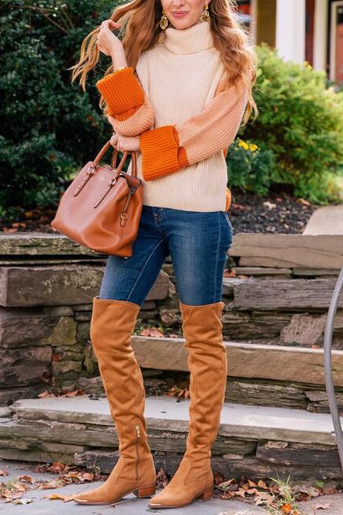 Stunncal Pumpkin Oversized Color Block Sweater
