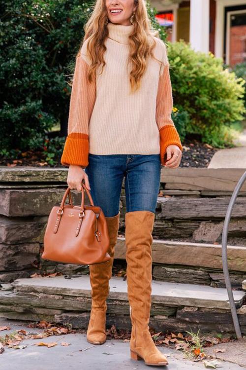 Stunncal Pumpkin Oversized Color Block Sweater